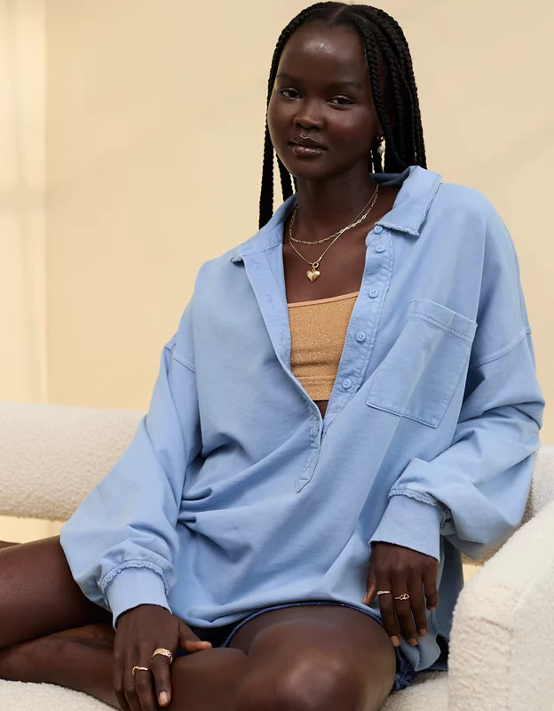 Aerie Take It Easy Popover Polo Sweatshirt | American Eagle Outfitters (US & CA)