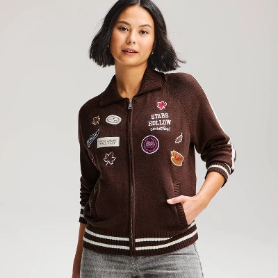 Women's Gilmore Girls Zip-Front Graphic Cardigan Sweater - Brown XXL | Target