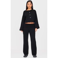 Petite Black Knitted Fold Over Flare Pants | PrettyLittleThing US