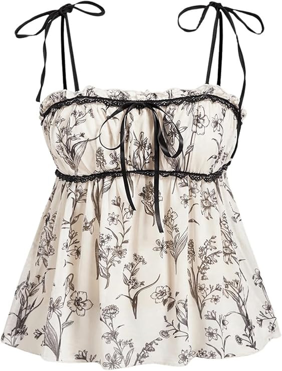 Verdusa Women's Tie Shoulder Peplum Cami Tops Contrast Lace Frilled Sleeveless Shirt | Amazon (US)