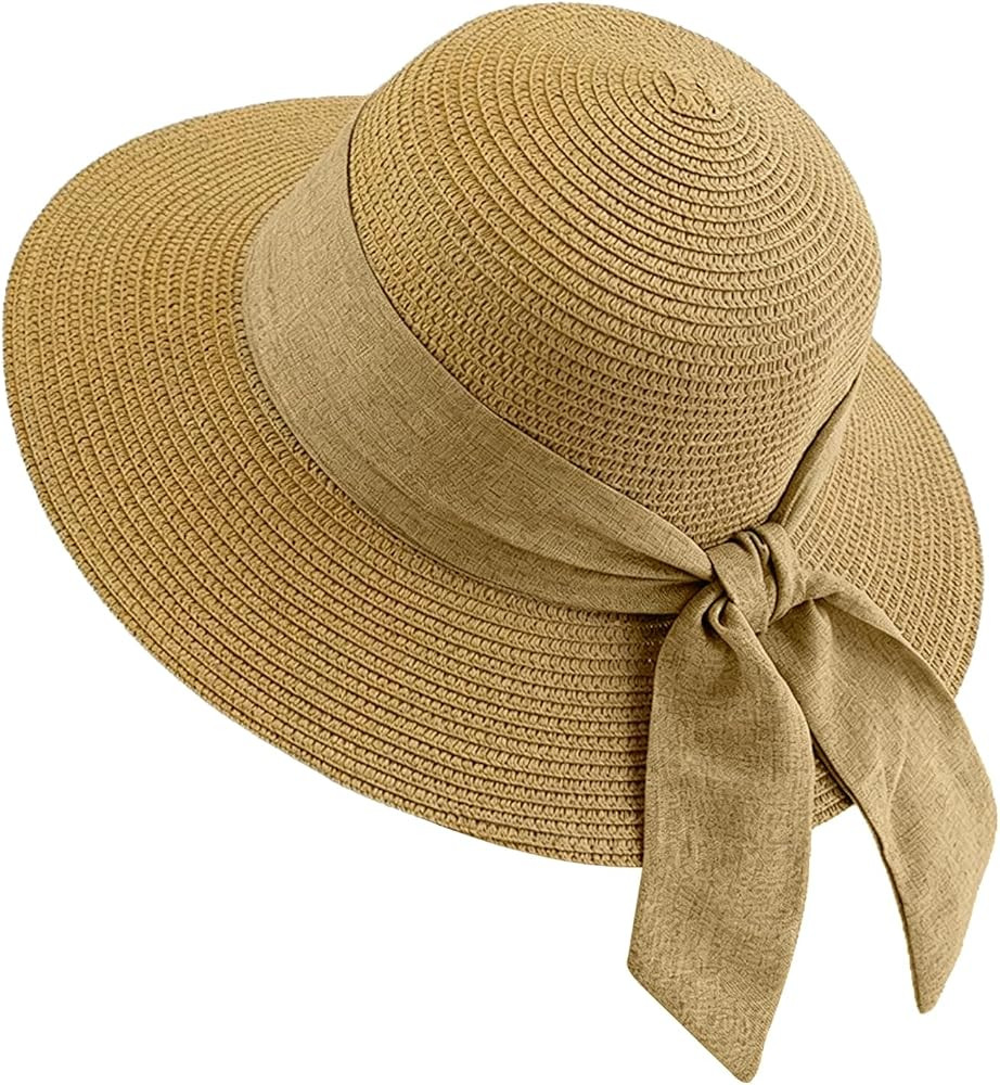 Packable Ladies Straw Hat, Wide Brim UPF 50+ Summer Sun Hat for Beach Travel, Bow Decoration, Fol... | Amazon (UK)