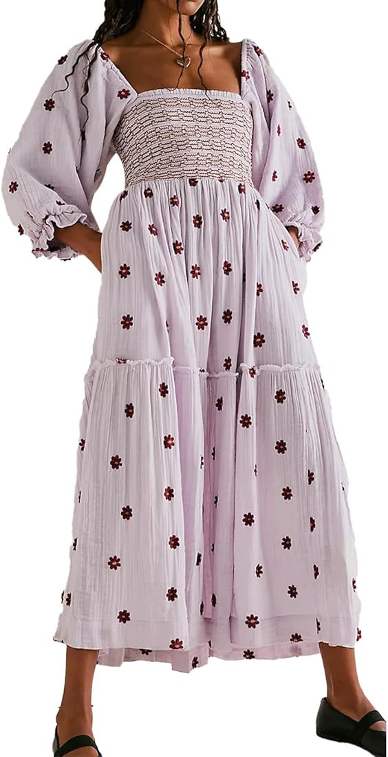 ABYOVRT Women Floral Embroidered Maxi Dress Long Puff Sleeve Square Neck Bohemian Flowy Dress wit... | Amazon (US)