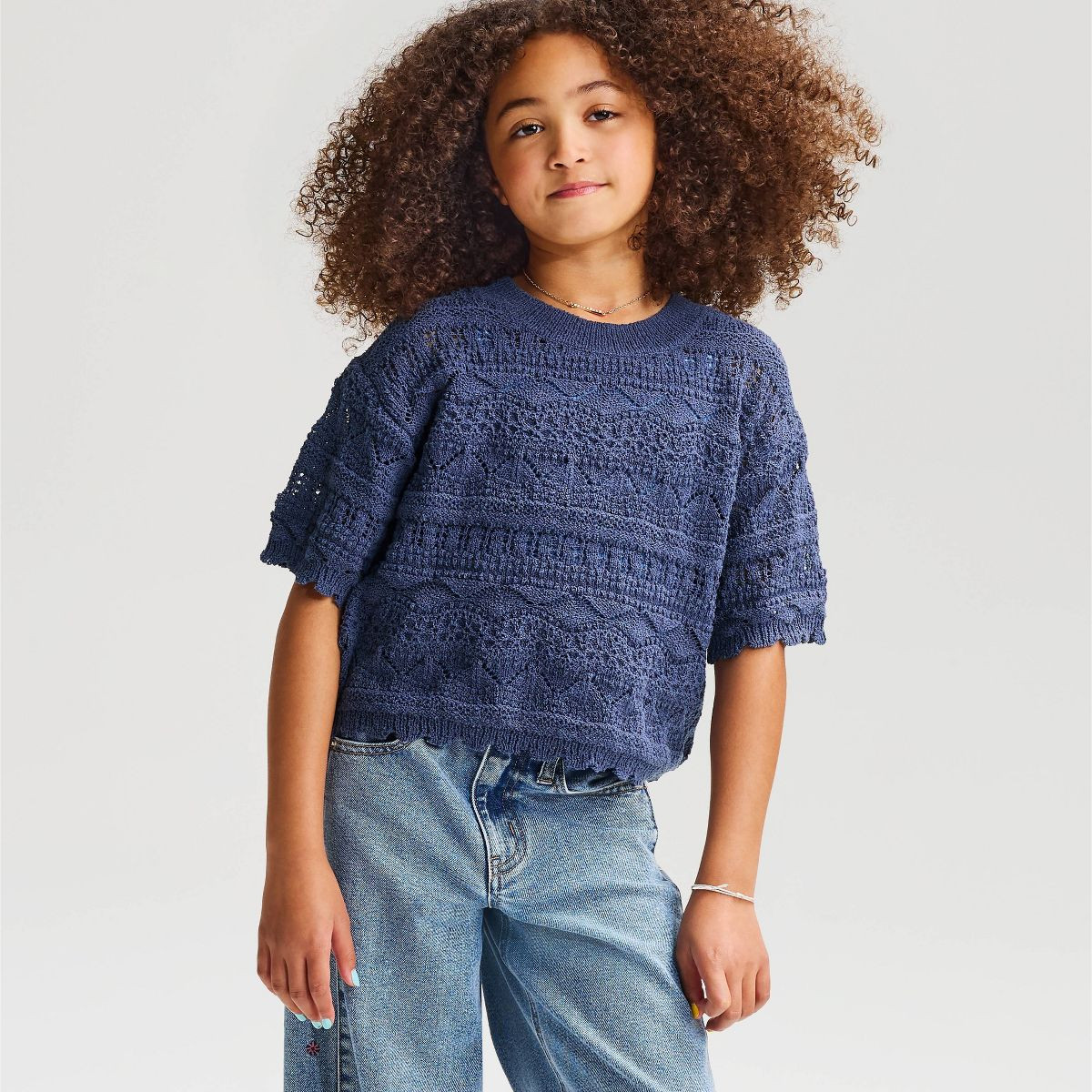Girls' Short Sleeve Openwork Sweater - Cat & Jack™ Blue XS | Target
