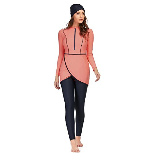 Womens Muslim Swimsuits Long Sleeve Printed Top Swim Pants With Chest Pads Full Coverage Swimwear Modest Islamic Hijab Ladies Beachwear Swimming Burkini Bathing Suit 3PCS Light Red + Black Small | Amazon (US)