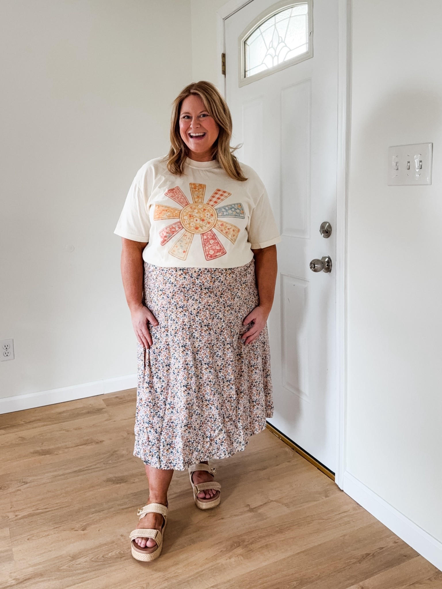 Wearing an XL in my graphic tee from Mountain Moverz (I usually do a large but sized up for the bump).  You can use code STEPHSHARES20 to save $$!  My skirt is an XL  

#LTKMidsize #LTKBump #LTKmomlife