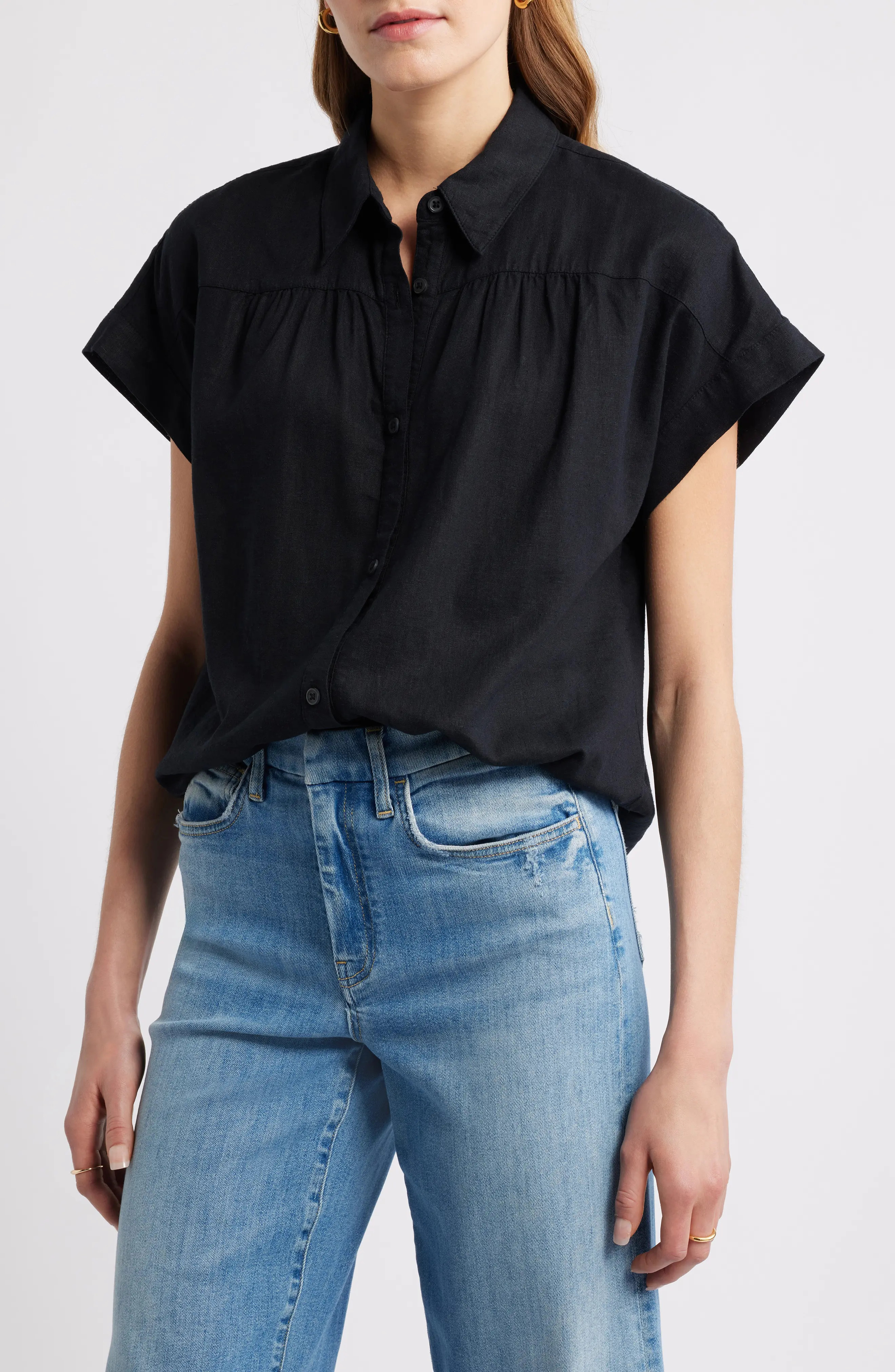 Short Sleeve Linen Blend Button-Up Shirt (Women) | Nordstrom | Nordstrom