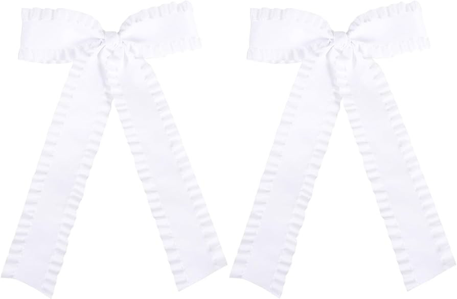 2Pcs Ruffle Ribbon Hair Bows for Women Girls,Big White Silky Satin Tassel Bowknot Hair Clips Barr... | Amazon (US)