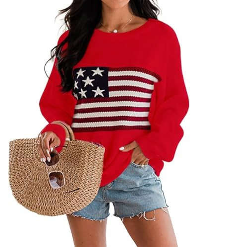 Dressmine USA Crewneck Red Sweater for Women Print Graphic Sweatshirt Tops Casual Knit Loose Fit Pullover 2025 Red Large | Amazon (US)