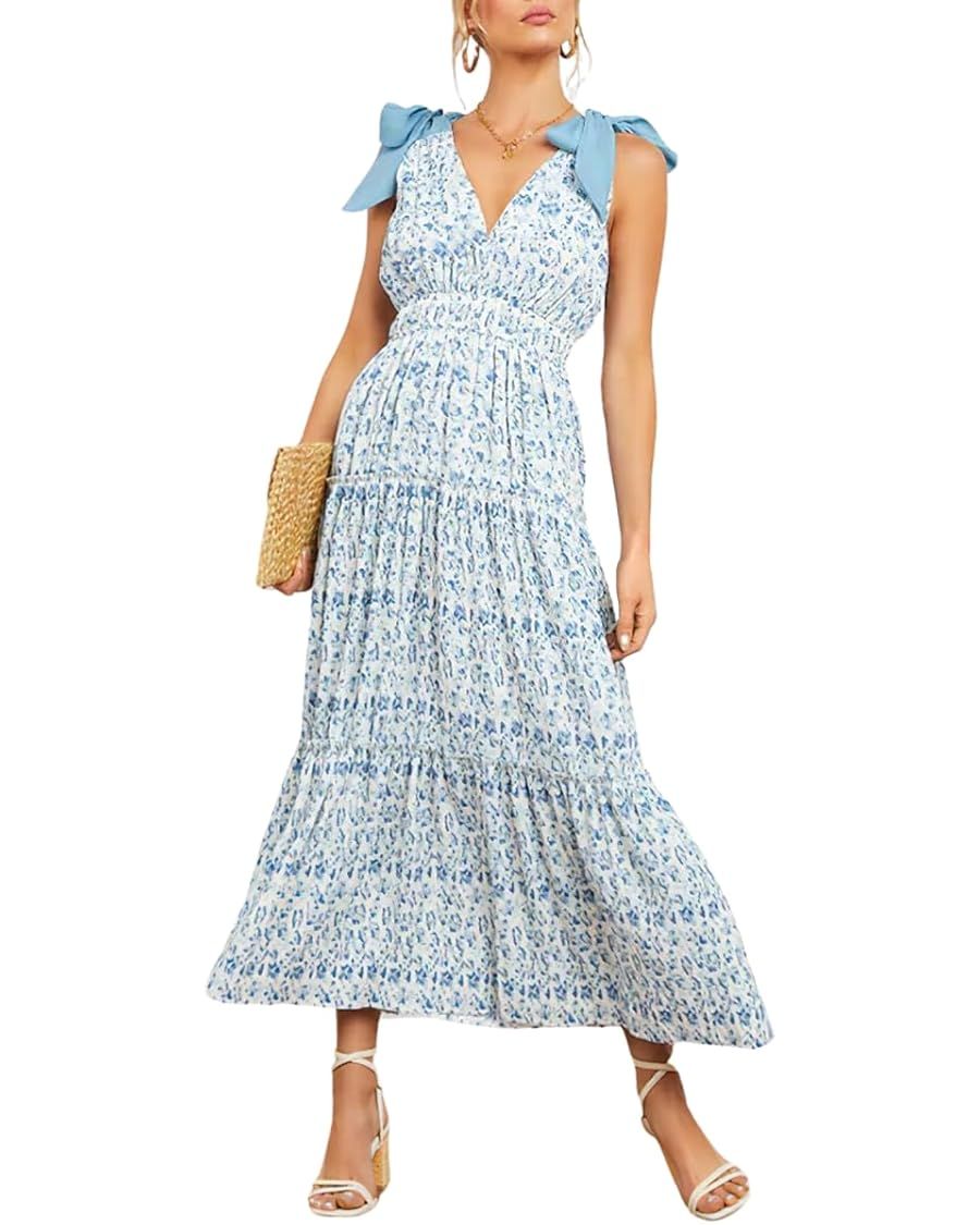 chouyatou Women's Summer Boho Floral Print Dress Tie Knot Strap V-Neck Swing Maxi Beach Dress | Amazon (US)