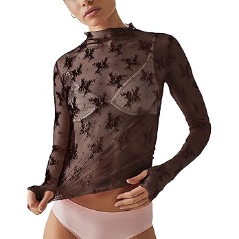 Ugerlov Women's Long Sleeve Mesh Top Mock Neck Sheer Blouse See Through Floral Lace Tops | Amazon (US)