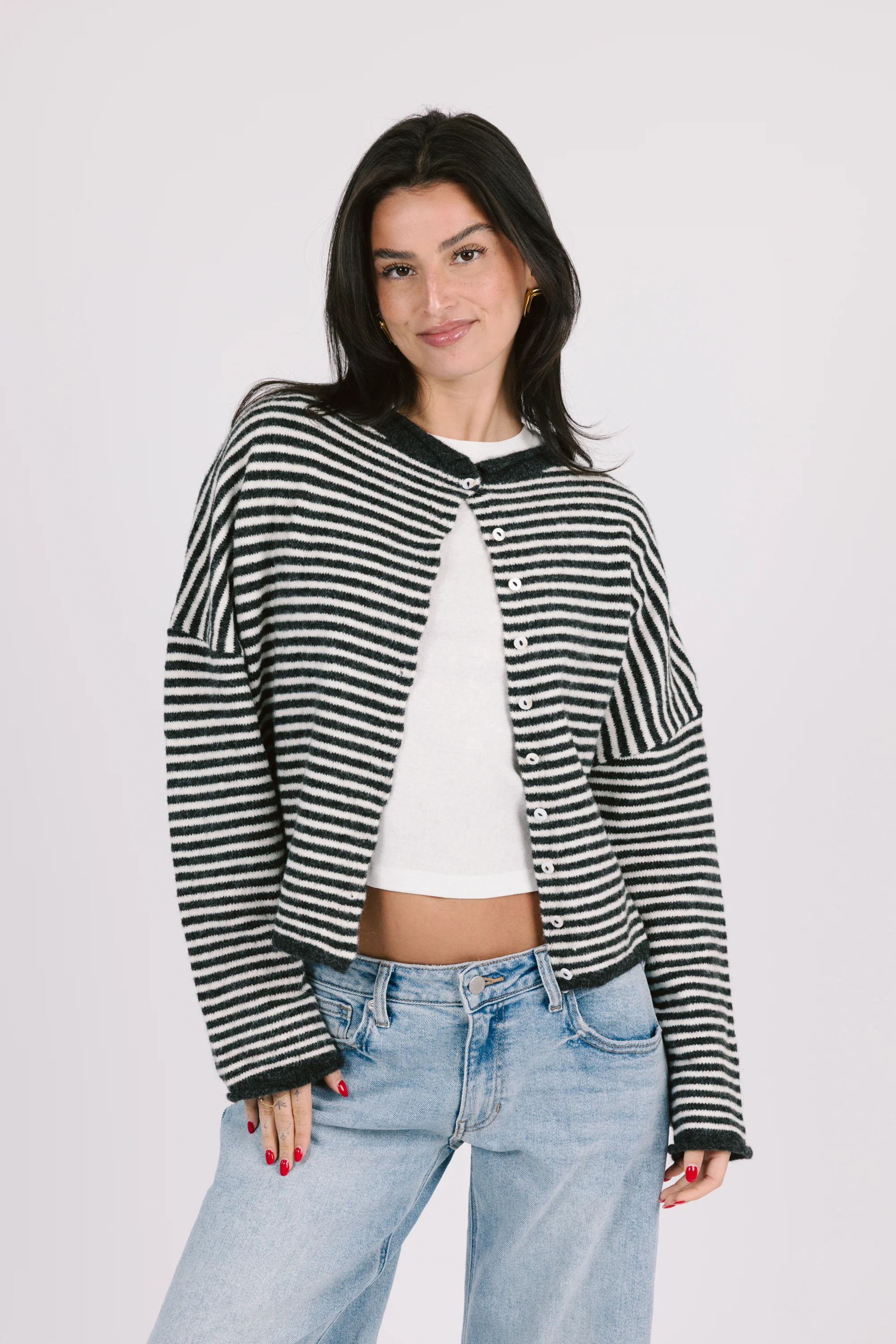 Phoebe Cardigan in Charcoal/White Stripe | Grey Bandit