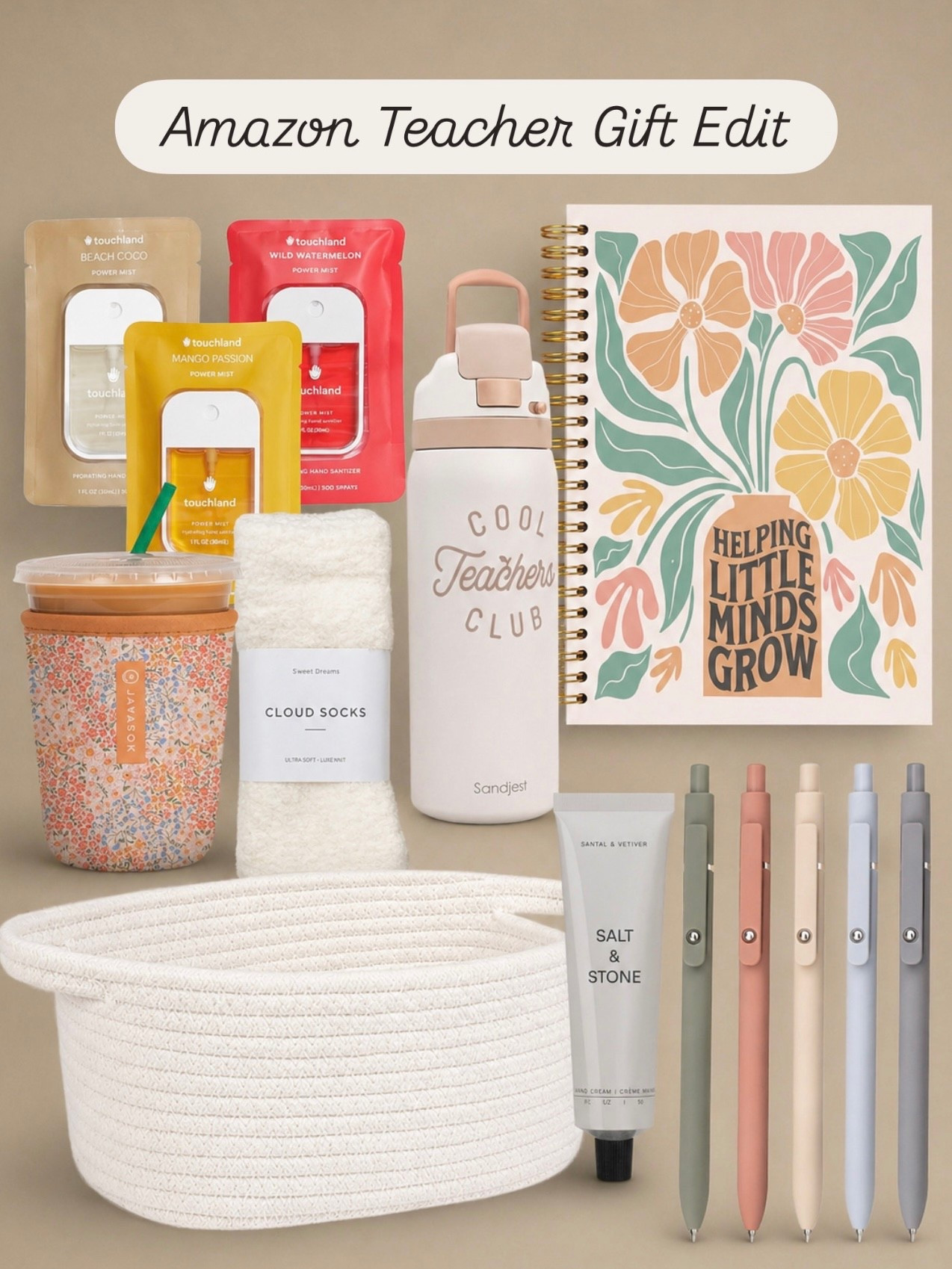 Amazon Teacher Gift Basket Ideas  

Follow @farmtotablecreations on Instagram for more home + lifestyle finds 🤍

These Amazon finds make the cutest teacher gift basket—and everything is actually useful. Think cozy cloud socks, a neutral water bottle, a pretty planner, and those viral touchland hand sanitizers everyone loves.

Add in a cute tumbler, hand cream, and a few aesthetic pens, then style it all inside a simple woven basket for an easy, elevated gift. It’s one of those gifts that feels thoughtful… but takes minutes to put together.

Perfect for end of year, teacher appreciation, or back to school 🤍

#teachergifts #amazongiftideas #giftbasket #amazonfinds #teacherappreciation

#LTKSaleAlert #LTKmomlife #LTKselfcare