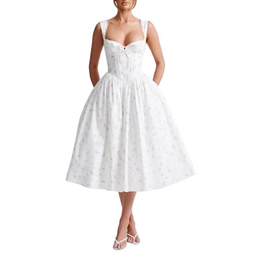 Vintage Floral Corset Midi Dress, Women's Sleeveless Sweetheart Neck Lace-Up Back A-Line Swing Dress for Wedding Guest (White,Small) | Amazon (US)