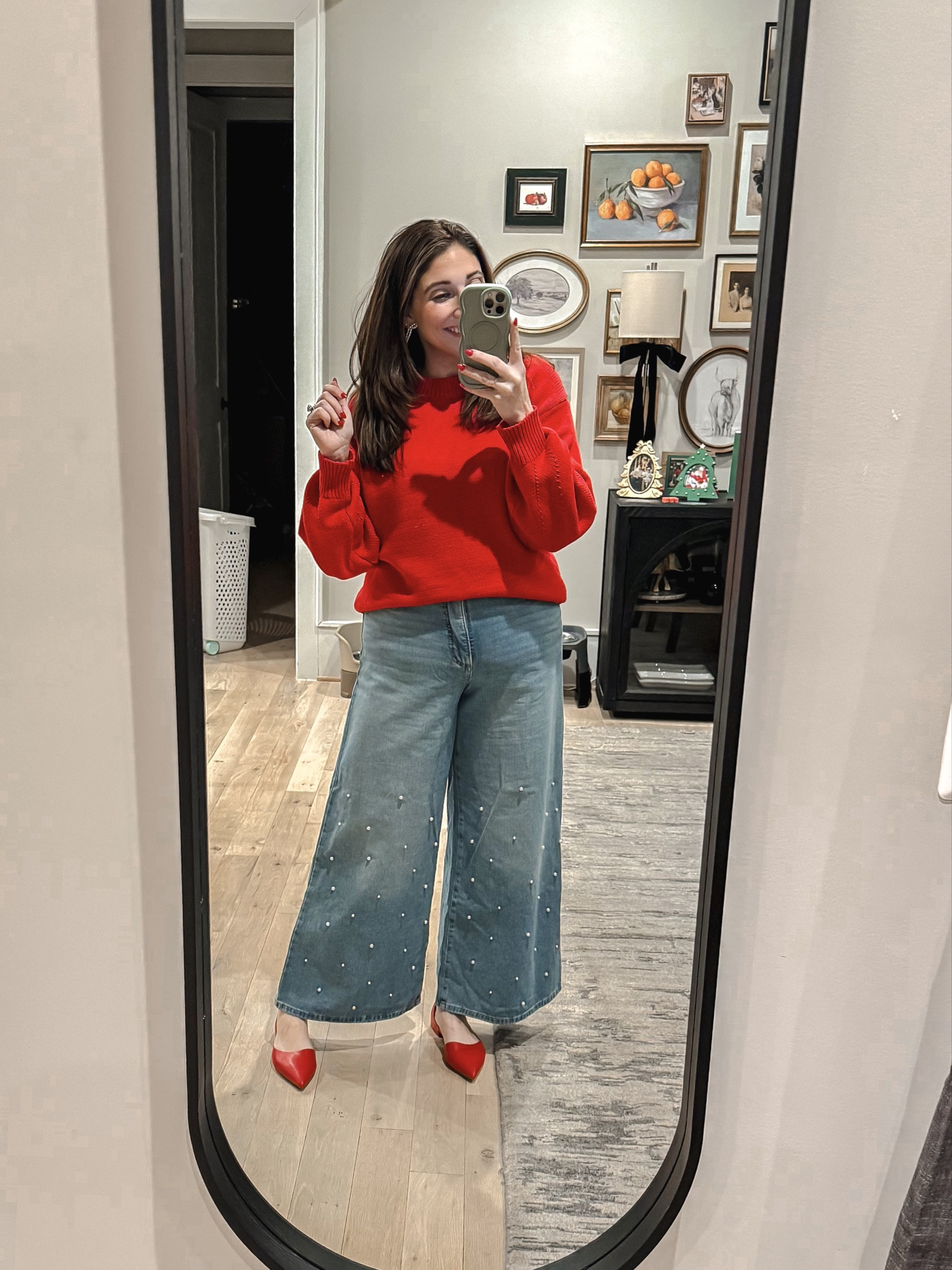 Loved this look so much that I wore it TWICE for two different events! (Might also wear this as a valentine outfit too! Lol) These pearl wide leg jeans are from Walmart. WALMART YALL! Paired it with this tj maxx red sweater and Marshall’s red ballet flats. 
Sweater M / Jeans 10 (tts) / Flats tts

#LTKMidsize #LTKOver40 #LTKootd