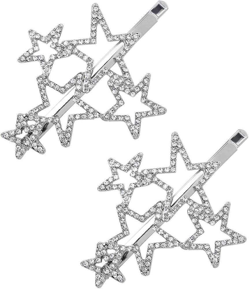 2Pcs Woman Silver Star Shape Shining Rhinestone Crystal Hairpin Hair Clip Metal Alloy Barrettes H... | Amazon (US)