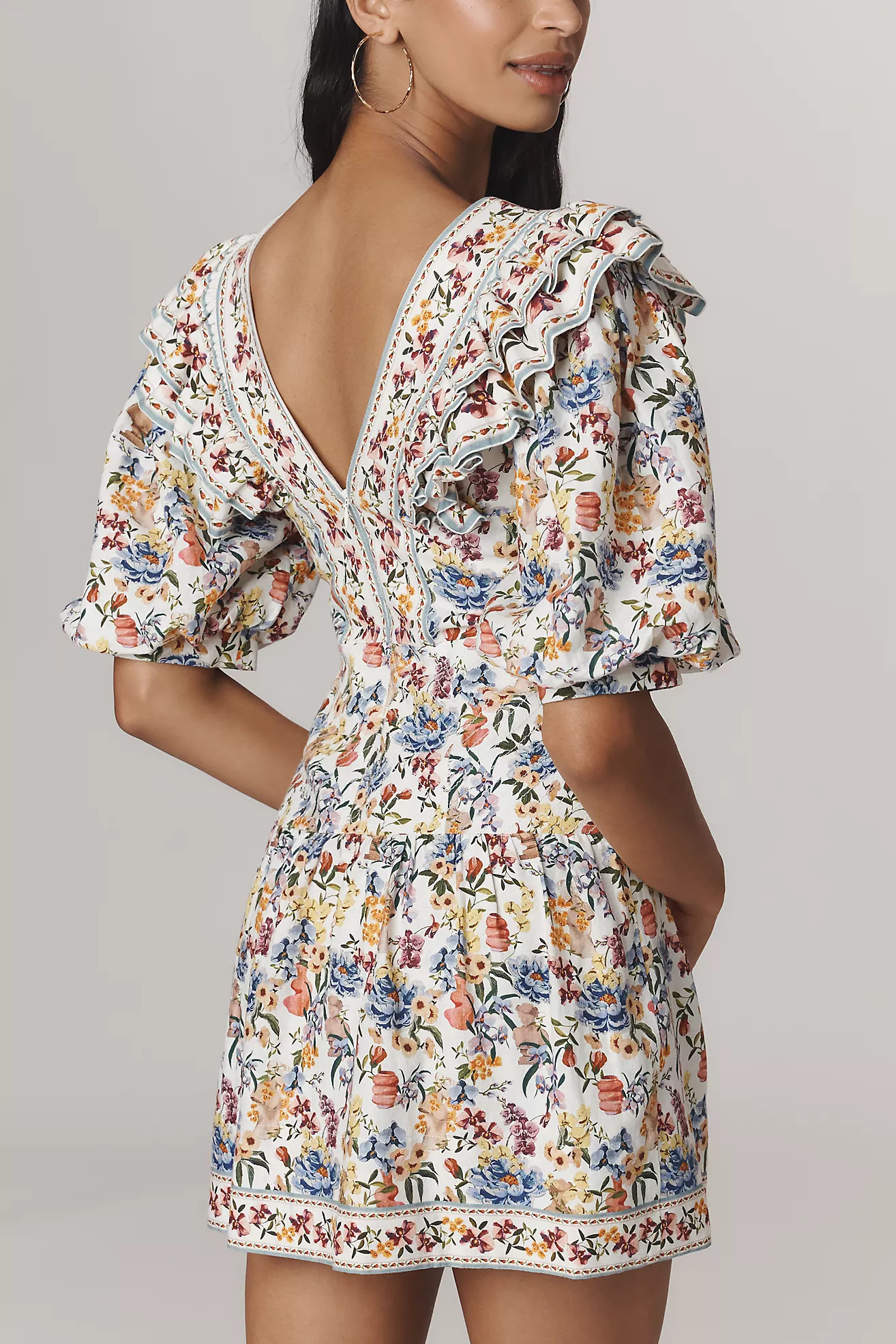 Farm Rio Greek Garden Linen Blend Short-Sleeve V-Neck Mini Dress | Anthropologie (US)