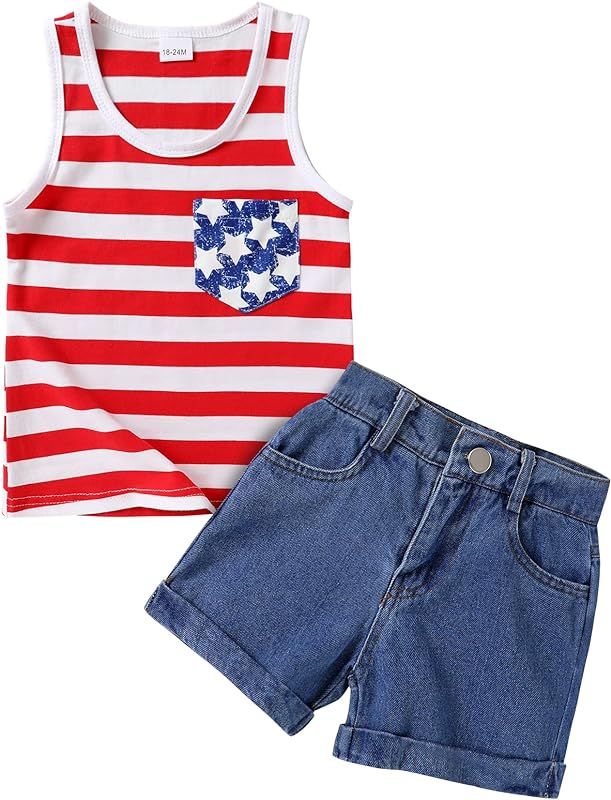 YOUNGER TREE 4th of July Outfit Toddler Girl Clothes USA Flag Heart Printed Tank Top Denim Shorts... | Amazon (US)
