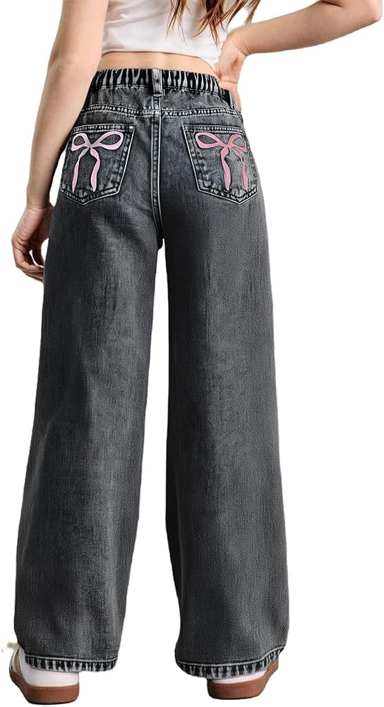 WDIRARA Girl's Bow Print Back Zipper Fly Elastic High Waist Denim Pants Basic Wide Leg Jeans | Amazon (US)