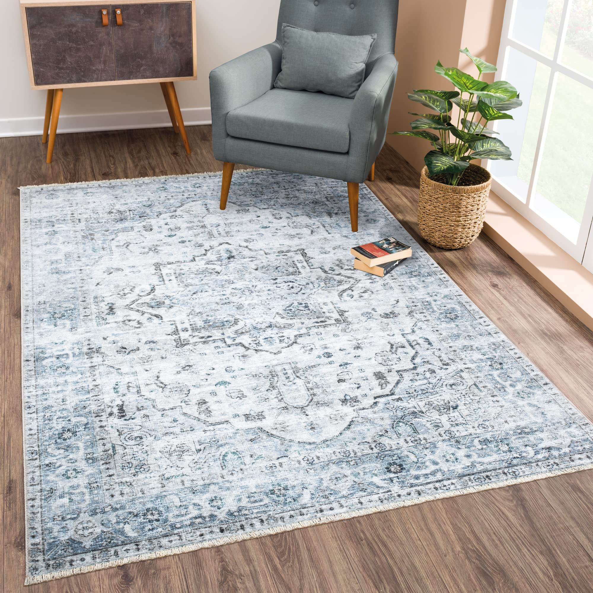 Bloom Rugs Caria Washable Non-Slip 3x5 Rug - Ivory/Blue/Gray Traditional Area Rug for Living Room... | Amazon (US)