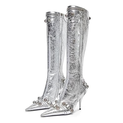 Dsevht Silver Knee High Boots for Women Metallic Stiletto Pointed Toe Sexy Rivets Tassel Fashion Studded High Heel Long Boot Zipper | Amazon (US)