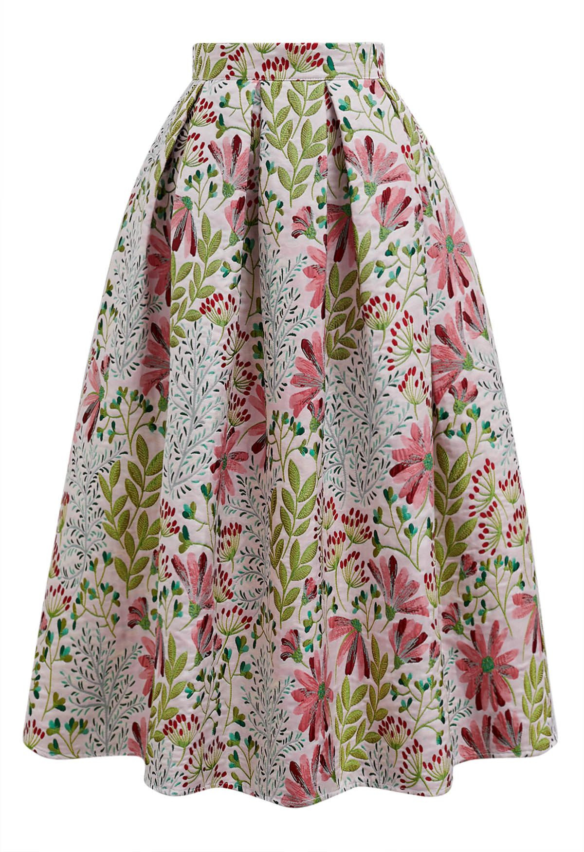 Cheerful Daisy Field Jacquard Pleated Midi Skirt | Chicwish
