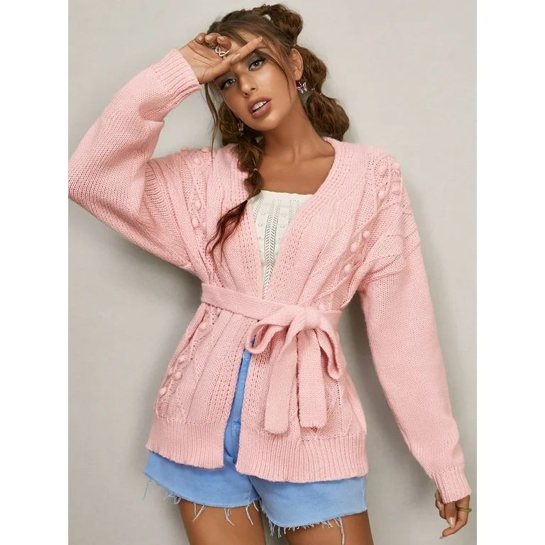 Women's Pom Pom Detail Self Belted Cardigan | Walmart (US)