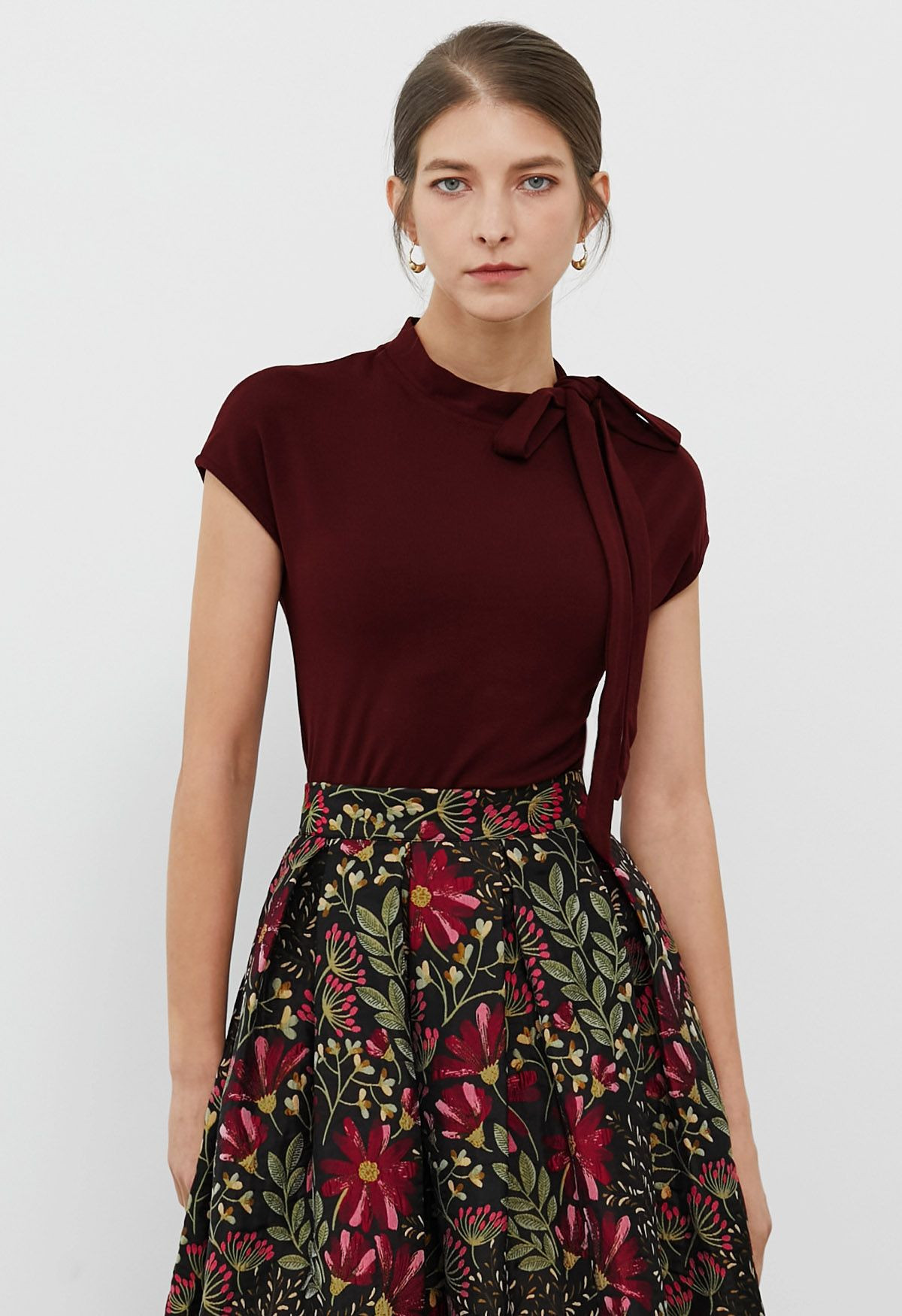 Bow-Tie Embellished Cap Sleeve Top in Burgundy | Chicwish