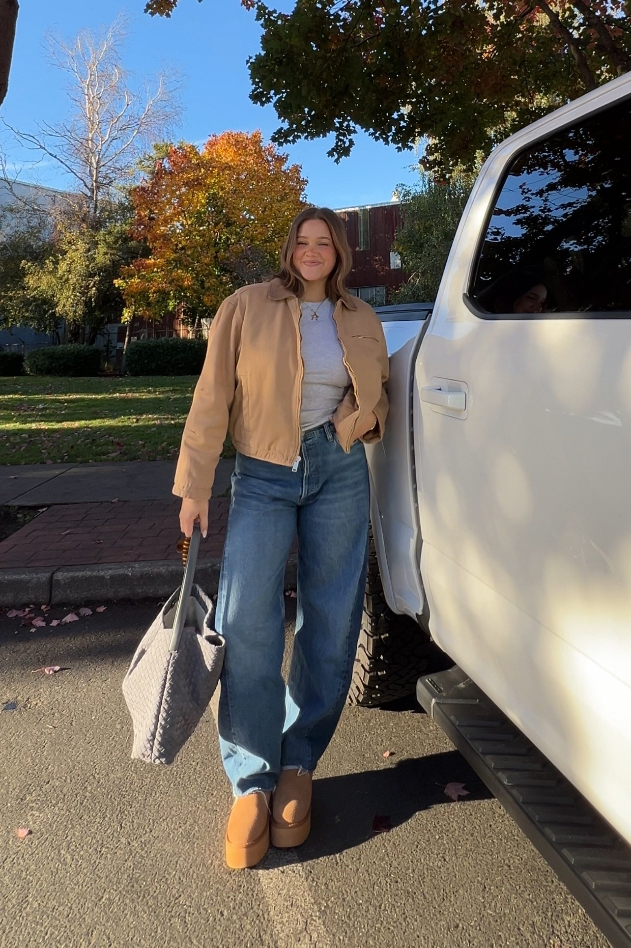 Jeans true to size love the slight barrel leg and two tone denim. Jacket size medium it’s perfect!! Flattering and warm. Boots are Amazon true to size! 

