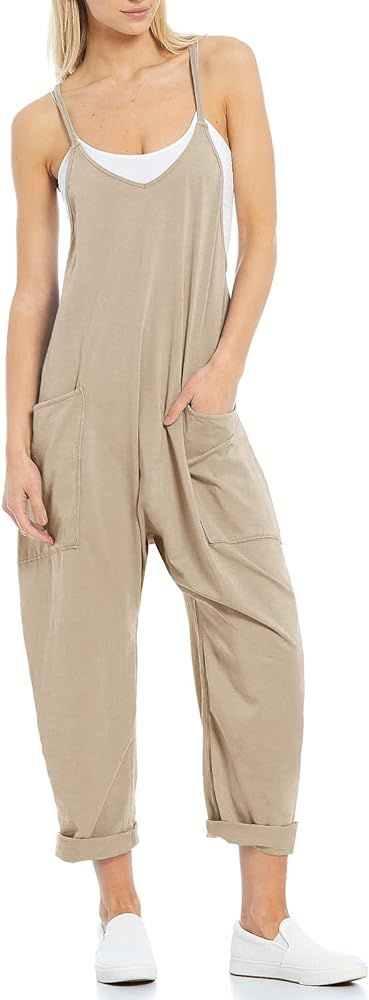 Tongmingyun Womens Casual Sleeveless Jumpsuits Spaghetti Strap Loose Romper Long Pants with Pockets | Amazon (US)