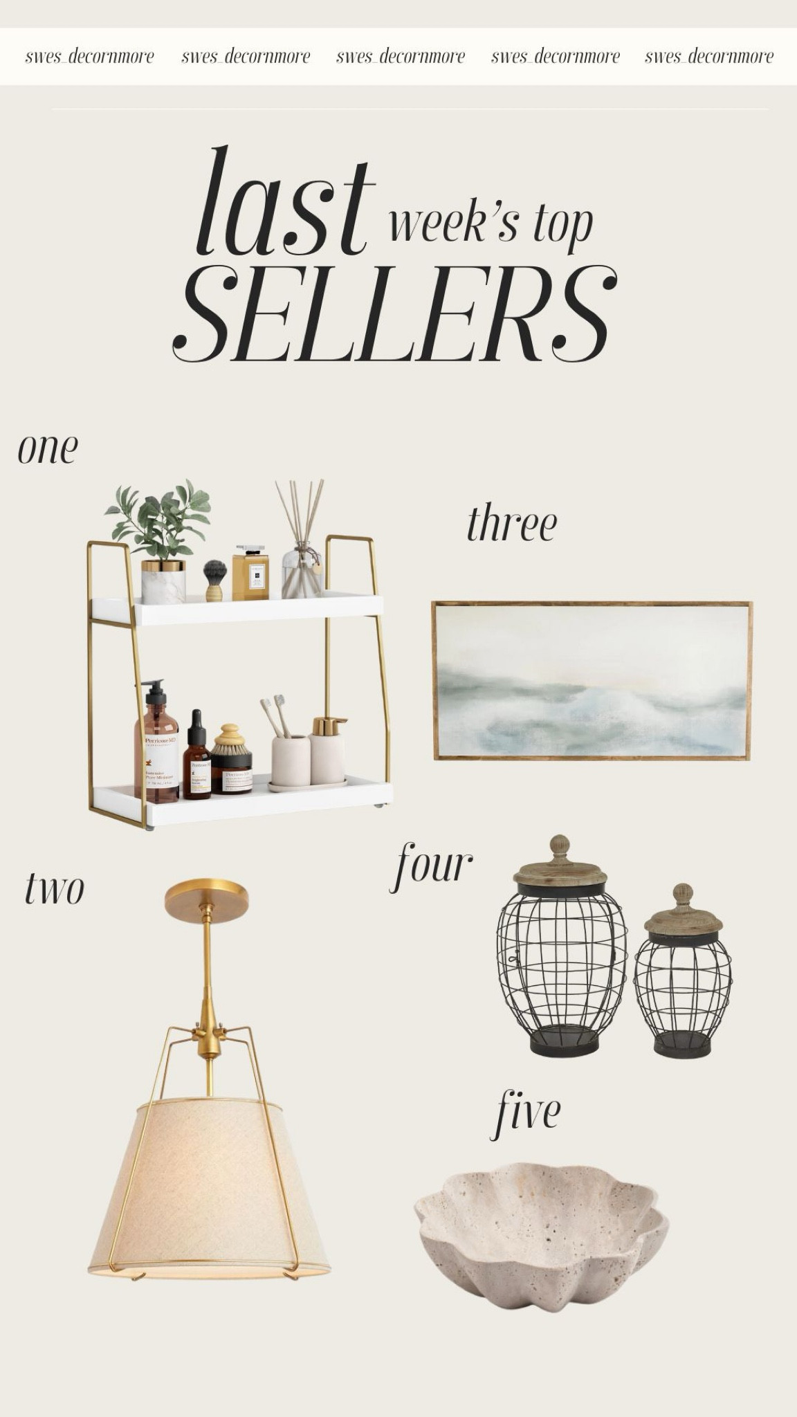 Last week's top sellers! I love this tiered shelf and pendant light. This serene art work is perfect for a bathroom or bedroom. These wire containers are great for filler or shelf styling. A decorative bowl is perfect for a coffee table or entryway. 

#LTKSeasonal #LTKHome #LTKStyleTip