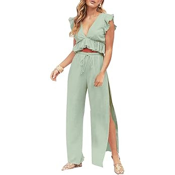 FANCYINN Womens 2 Pieces Outfits Deep V Neck Crop Top Side Slit Drawstring Wide Leg Pants Set Jum... | Amazon (US)