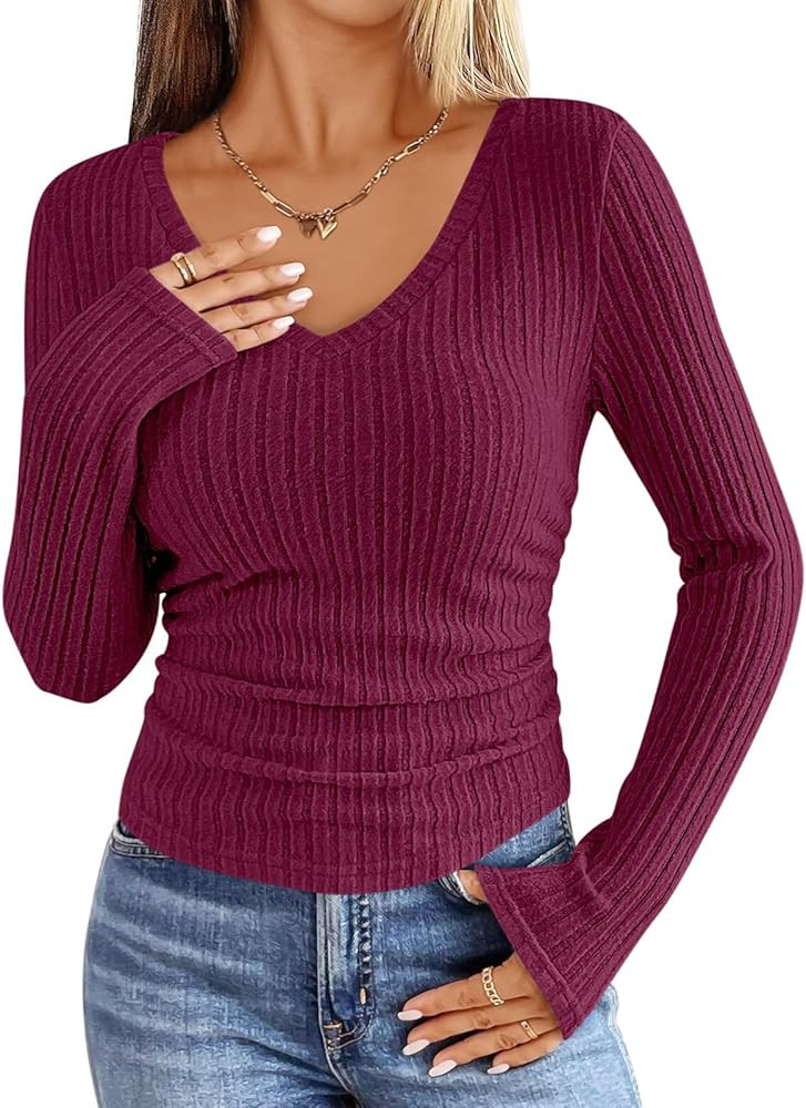 ANRABESS Womens Long Sleeve Shirts V Neck Ribbed Knit Slim Fit Lightweight Sweater 2025 Fall Dres... | Amazon (US)