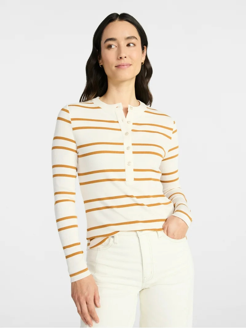 Time and Tru Women's Striped Henley with Long Sleeves, Sizes XS-XXXL | Walmart (US)