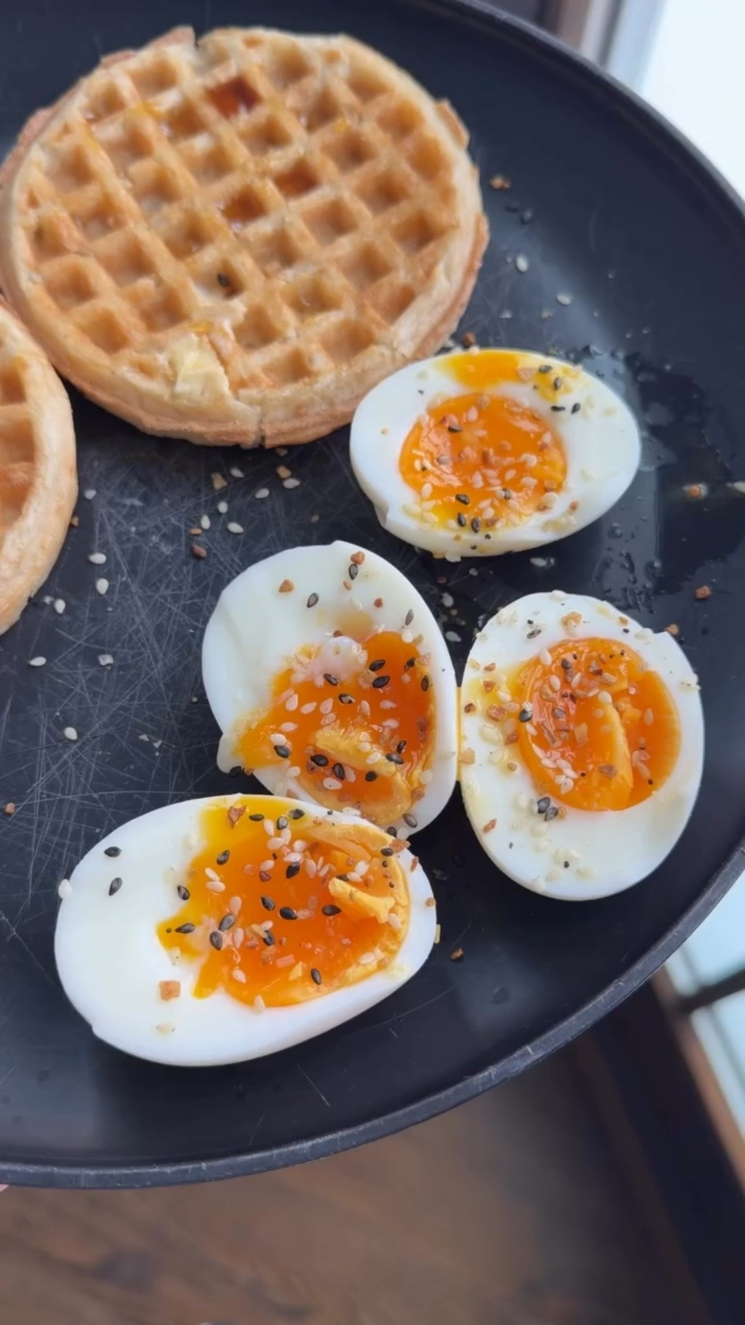 The perfect soft boiled eggs with protein waffles.

#LTKfoodie
