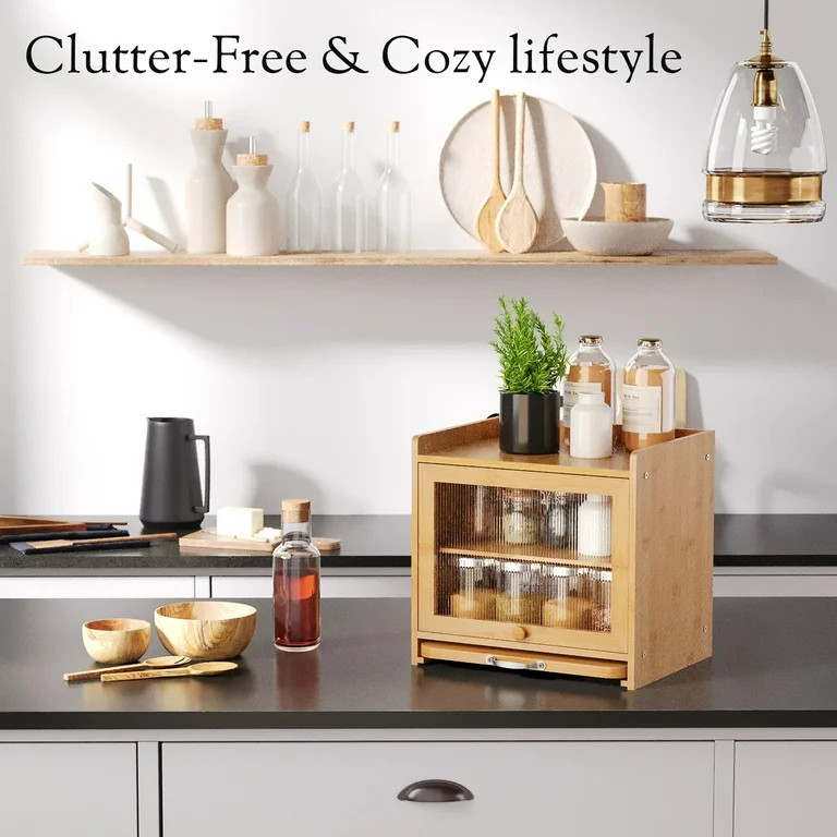 bamzc brz Bamboo Vintage Bread Box Kitchen Countertop with Double Layer Storage & Cutting Board, ... | Walmart (US)