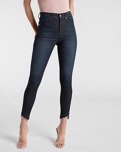 High Waisted Extra Supersoft Dark Wash Detailed Ankle Seam Skinny Jeans | Express