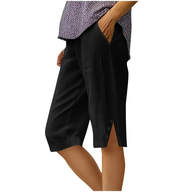 Diufon Black Capri Pants for Women Knee Length Cotton Linen Capris Summer Straight Leg Loose Shor... | Walmart (US)