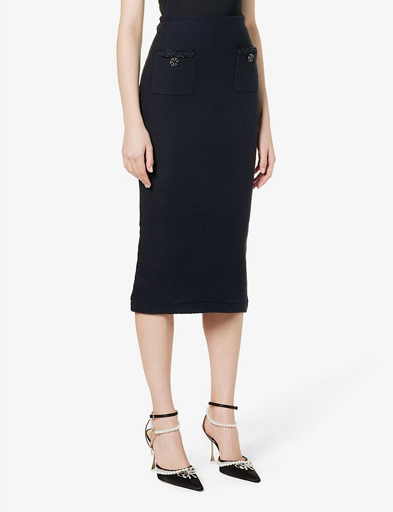 SELF PORTRAIT Button-embellished cotton-blend knitted midi skirt | Selfridges