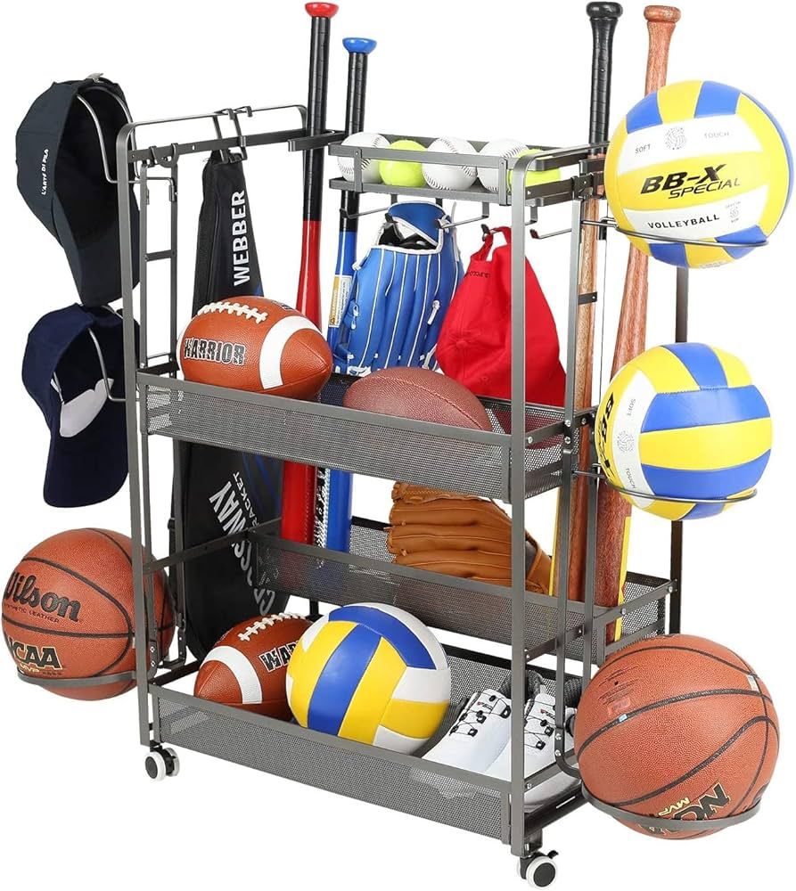 Jubao Garage Ball Storage Rack Rolling Sports Rack Organizer with Casters Wheels,Indoor Sports Ge... | Amazon (US)