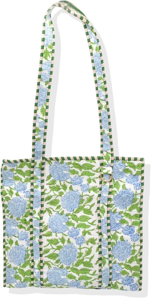 Quilted Cotton Floral Tote Bag, Blue Hydrangea Print with Striped Trim, 15x15x5 inches, Mahjong a... | Amazon (US)