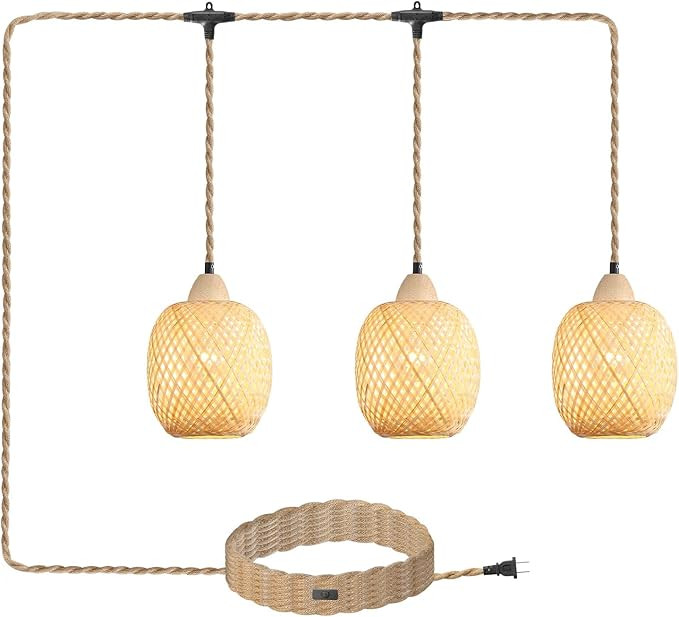 3-Light Bamboo Plug in Pendant Light with Switch, Boho Hanging Lights, 15ft Hand Woven Cord, for ... | Amazon (US)