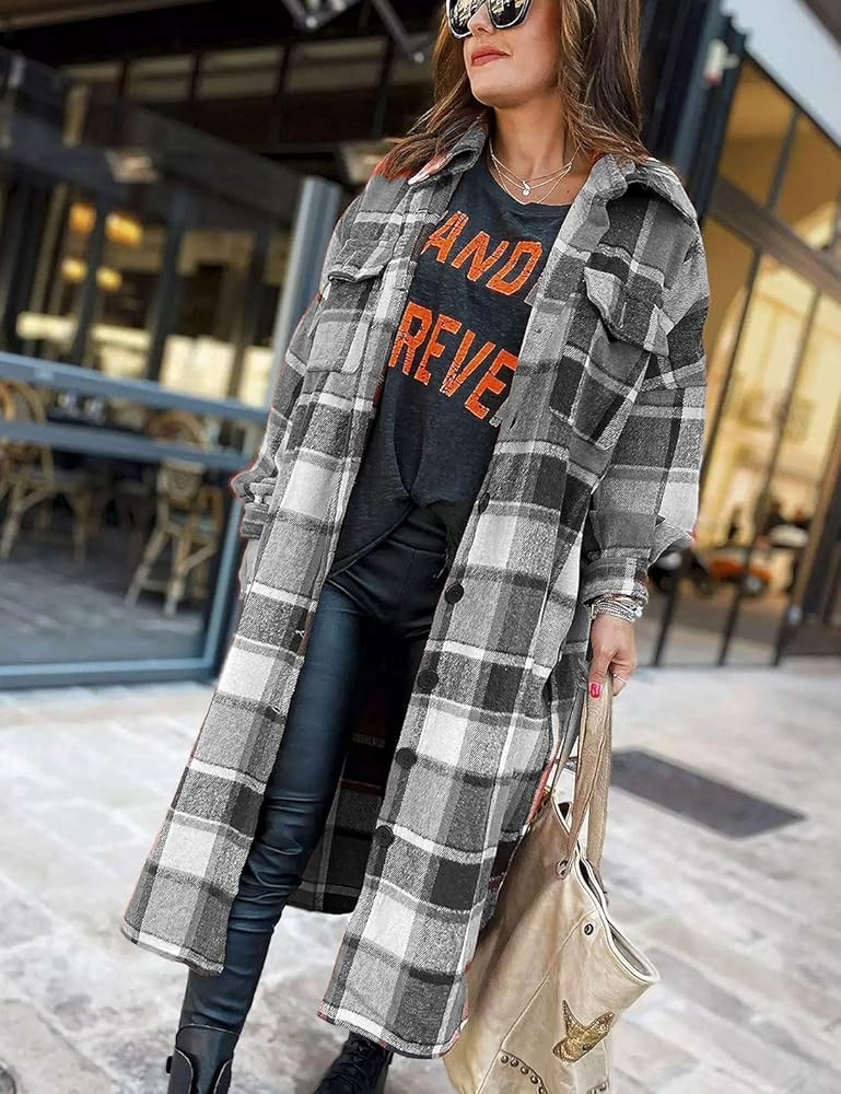 Omoone Women's Lounge Lapel Button Up Long Sleeve Plaid Long Shirt Jacket Shacket | Amazon (US)