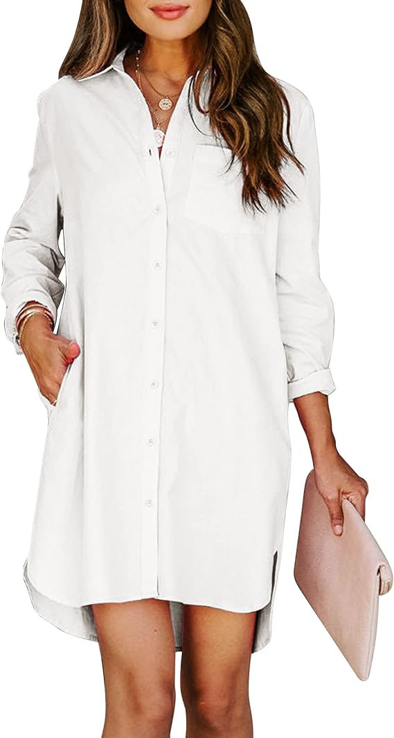 Womens Button Down Shirt Dresses with Pockets Cotton Button Up Tunics Long Sleeve Solid High Low ... | Amazon (US)