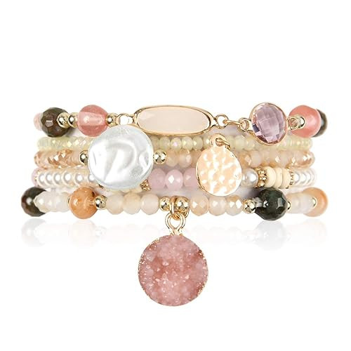 RIAH FASHION Bohemian Versatile Multi-Layer Bead Statement Bracelet - Stretch Strand Stackable Cu... | Amazon (US)