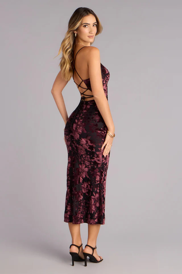 Floral After Dark Burnout Lace-Up Midi Dress | Windsor Stores