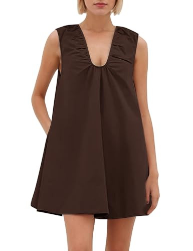 OLAPTA Women Summer Sleeveless Babydoll Mini Tank Dresses Loose Fit Scoop Neck Ruched Short Dress with Pockets Party Clubwear(Large,Brown) | Amazon (US)