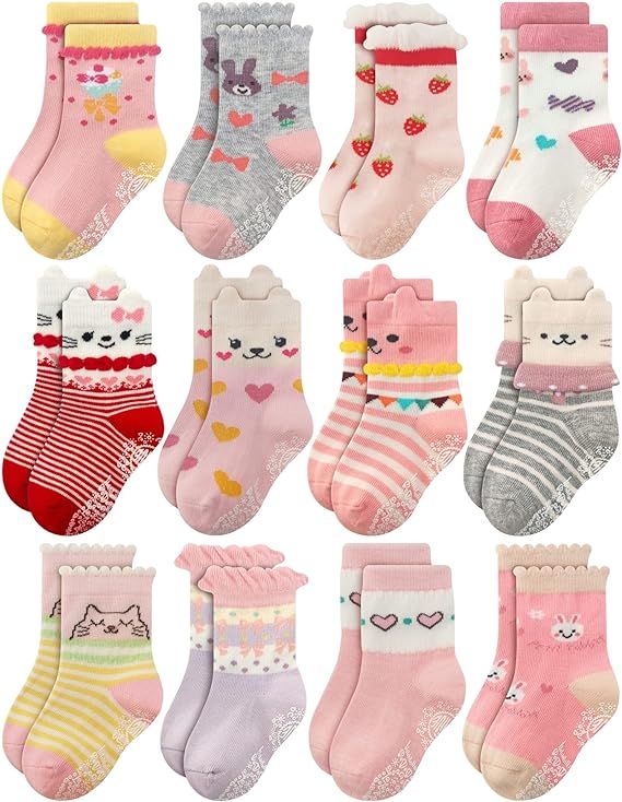 RATIVE Non Skid Anti Slip Cotton Dress Crew Socks With Grips For Baby Infant Toddler Kids Girls  ... | Amazon (US)