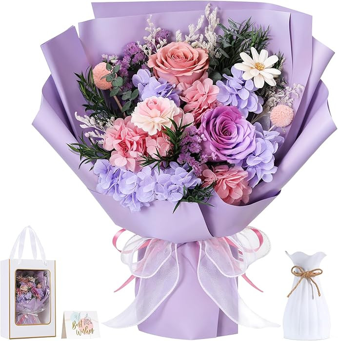 Lewondr Flower for Delivery, Preserved Flowers Bouquet, Purple Rose Bouquet, Real Long-Lasting Fo... | Amazon (US)
