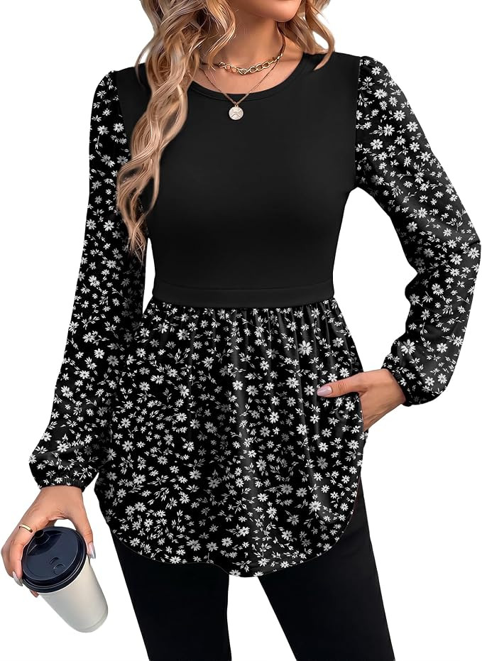WIHOLL Women's Long Sleeve Tunic Tops Crew Neck Babydoll Peplum Blouses Fall Fashion 2026 | Amazon (US)