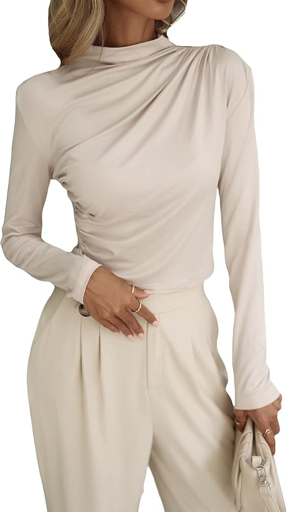 SOLY HUX Women's Ruched Mock Neck Tee T Shirt Long Sleeve Elegant Slim Fit Blouse Tops | Amazon (US)